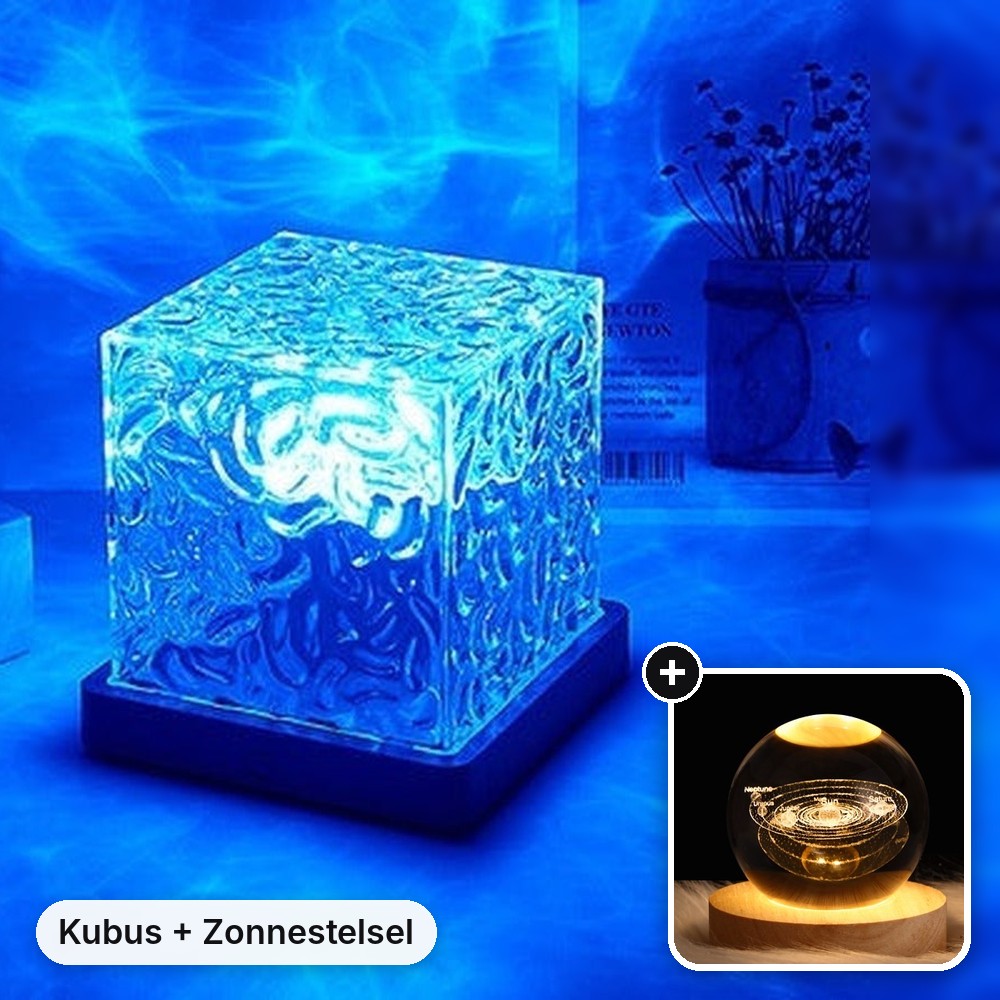 Cadeauset: Rimpellamp Kubus met Zonnestelsel-kristalbol